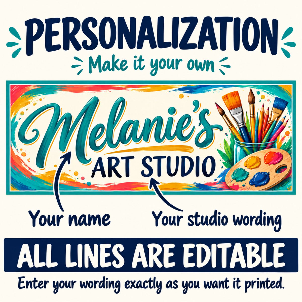 Personalization infographic with arrows identifying the editable name and studio wording, stating all lines are editable.