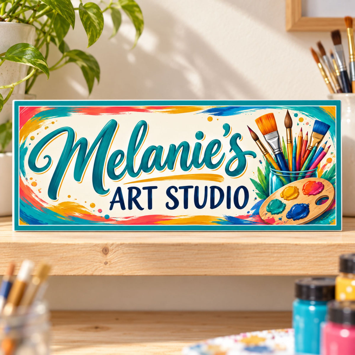 Personalized art studio sign displayed on a wooden shelf with paint brushes, art supplies, and greenery in a bright creative workspace.