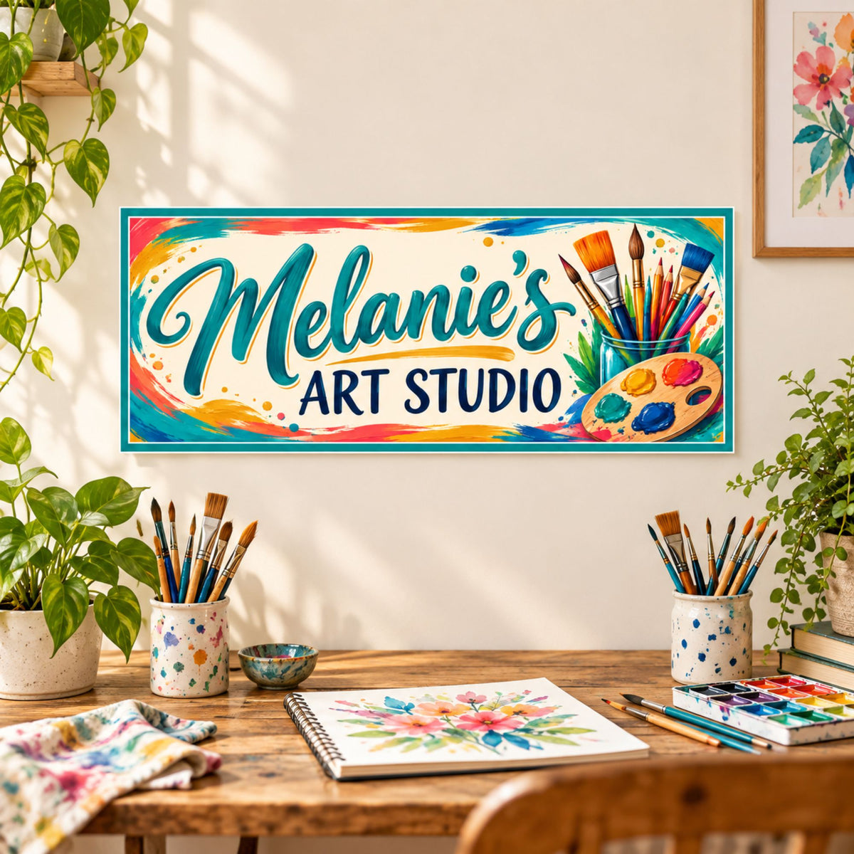 Custom art studio sign mounted above an art desk with brushes, plants and a watercolor sketchbook.