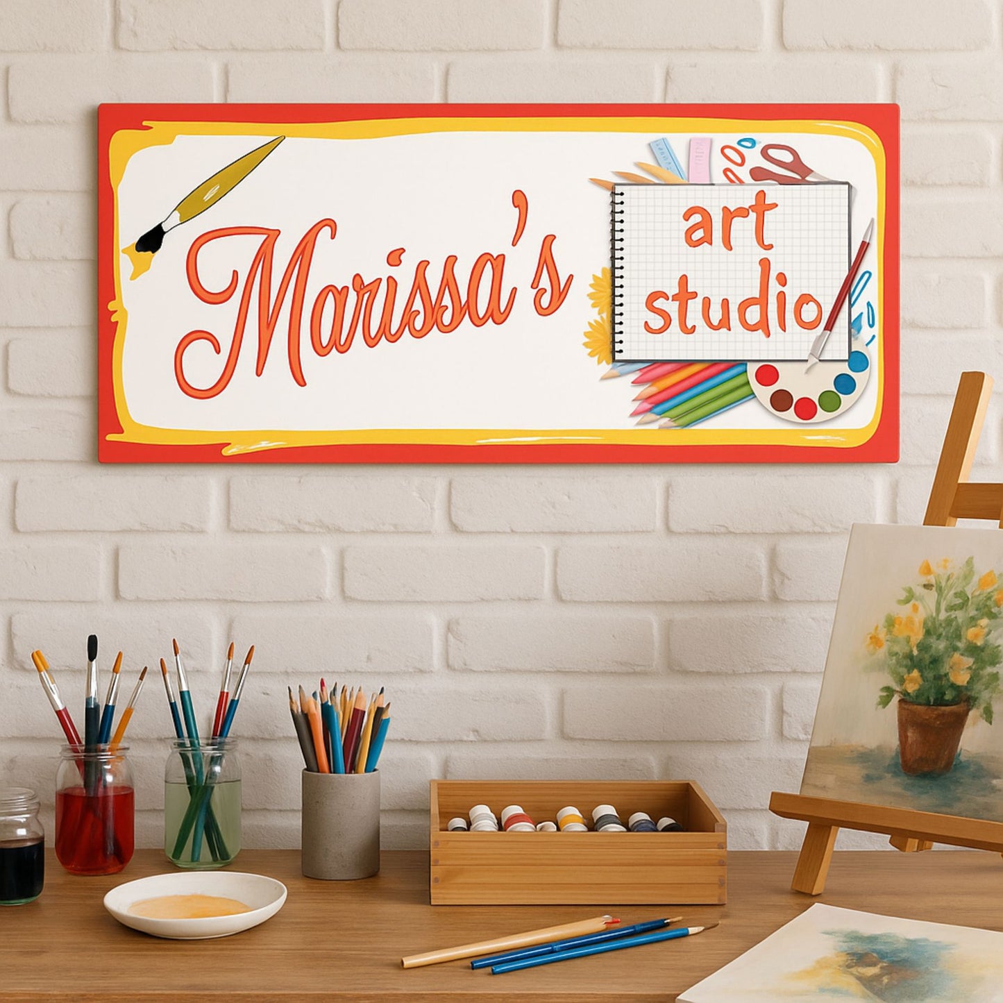 Personalized art studio sign mounted on a brick wall above a desk with art supplies and paintings
