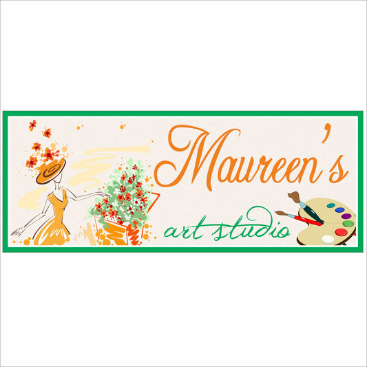 Personalized art studio sign with floral accents, artist illustration, and customizable studio name