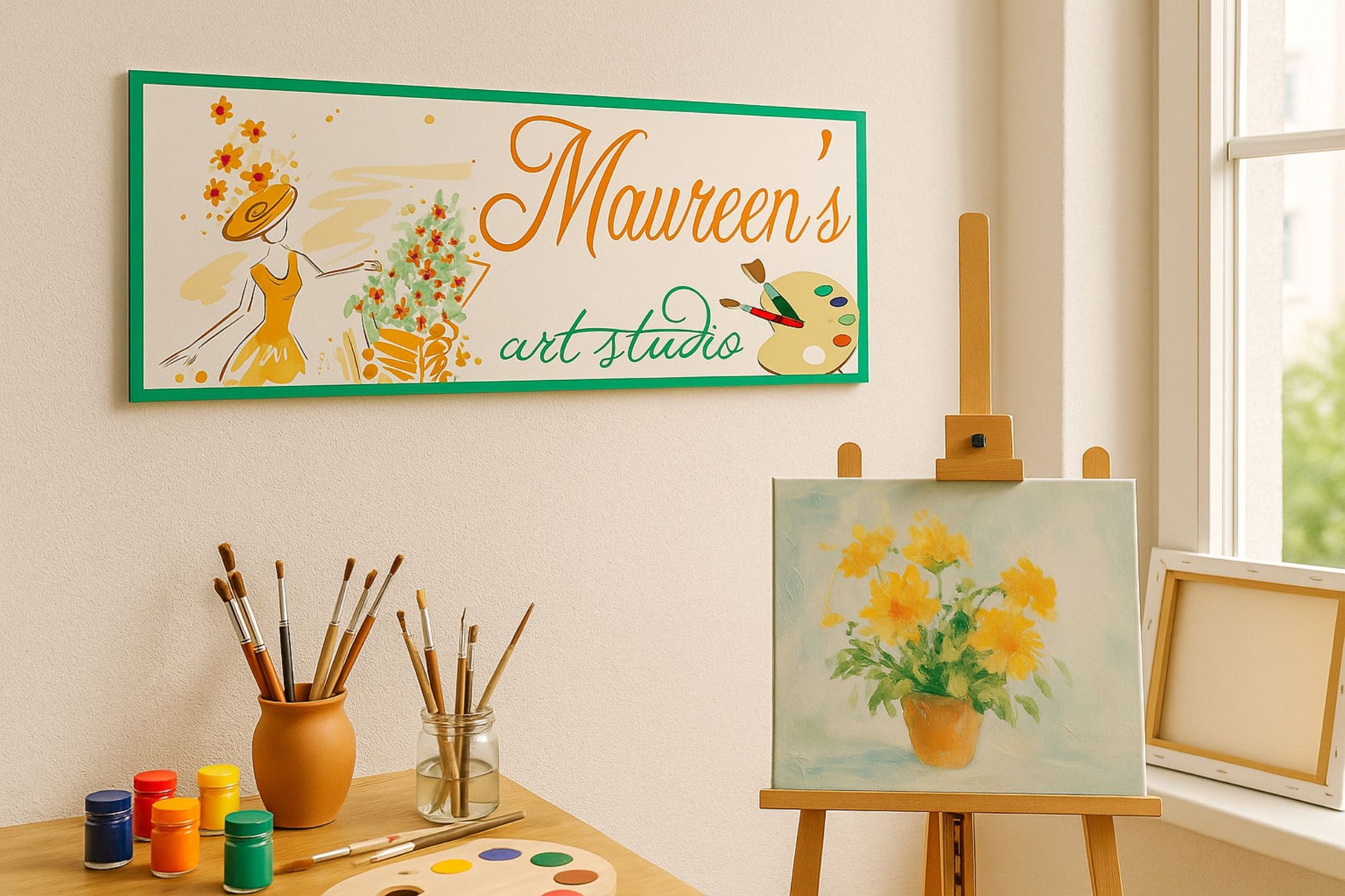 Personalized art studio sign displayed above an easel in a bright home art room