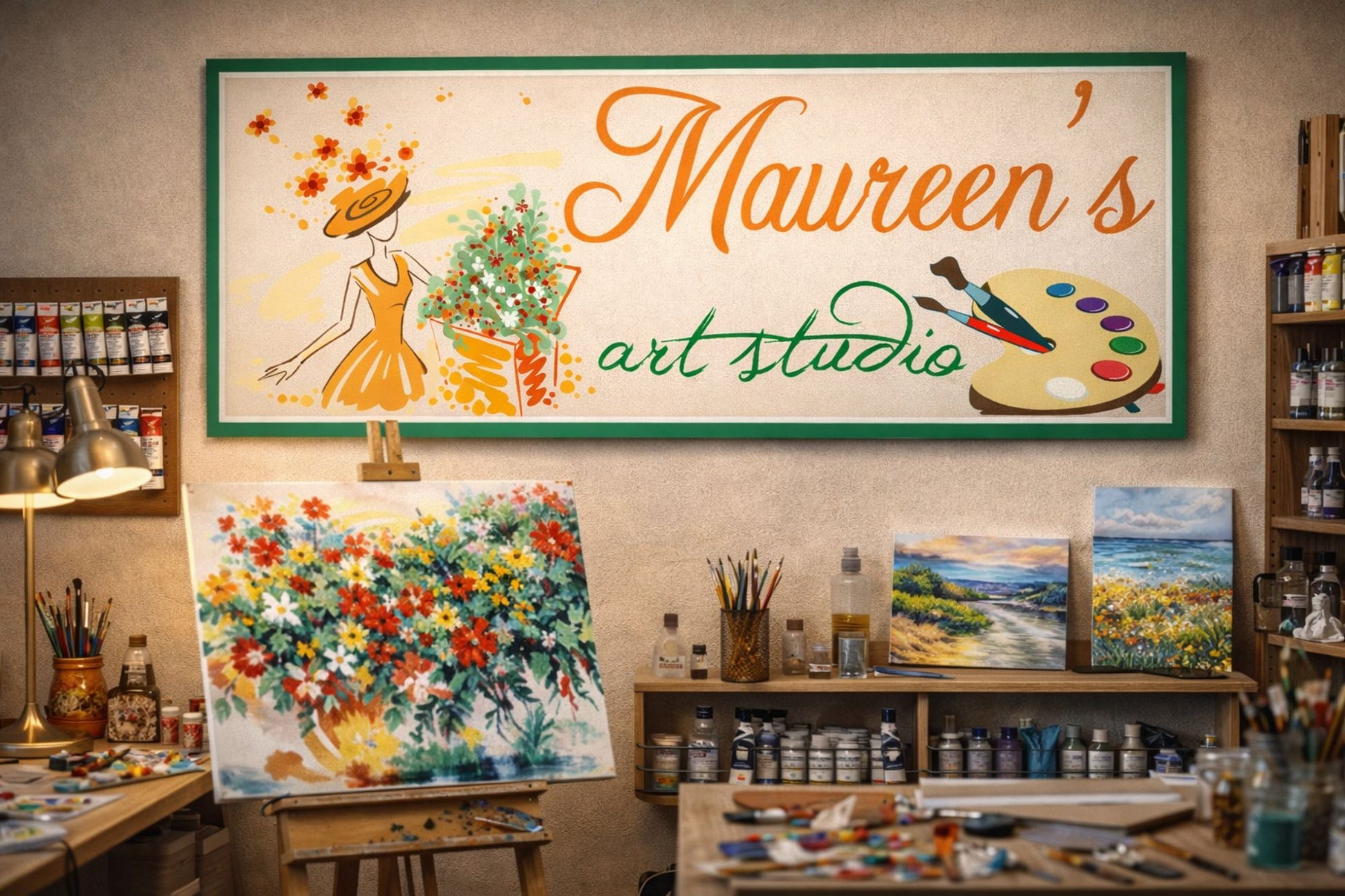 Personalized art studio sign mounted on a wall in a professional artist workspace with paintings and supplies