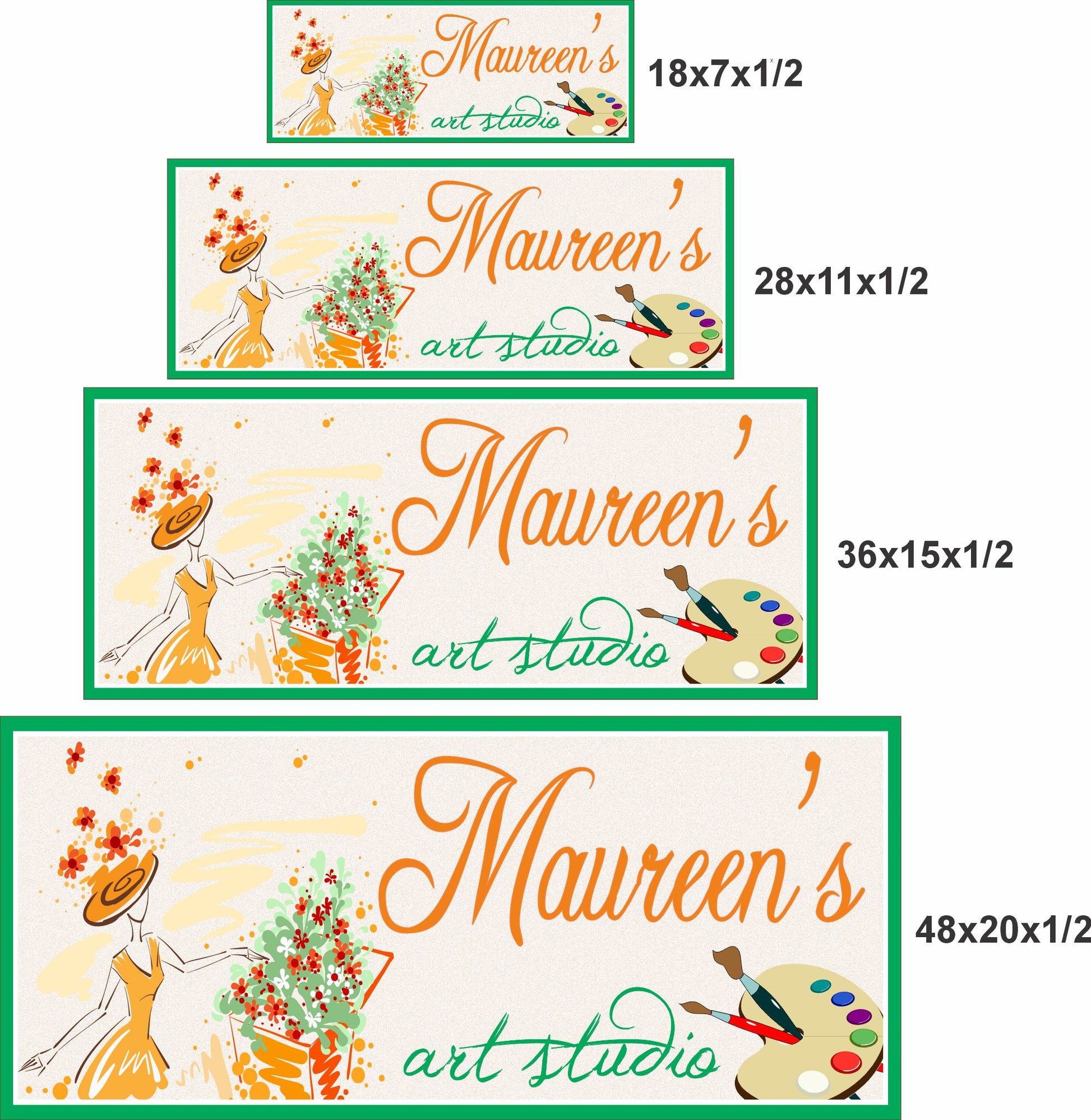 Art studio sign shown in 18x7, 28x11, 36x15, and 48x20 inch size options