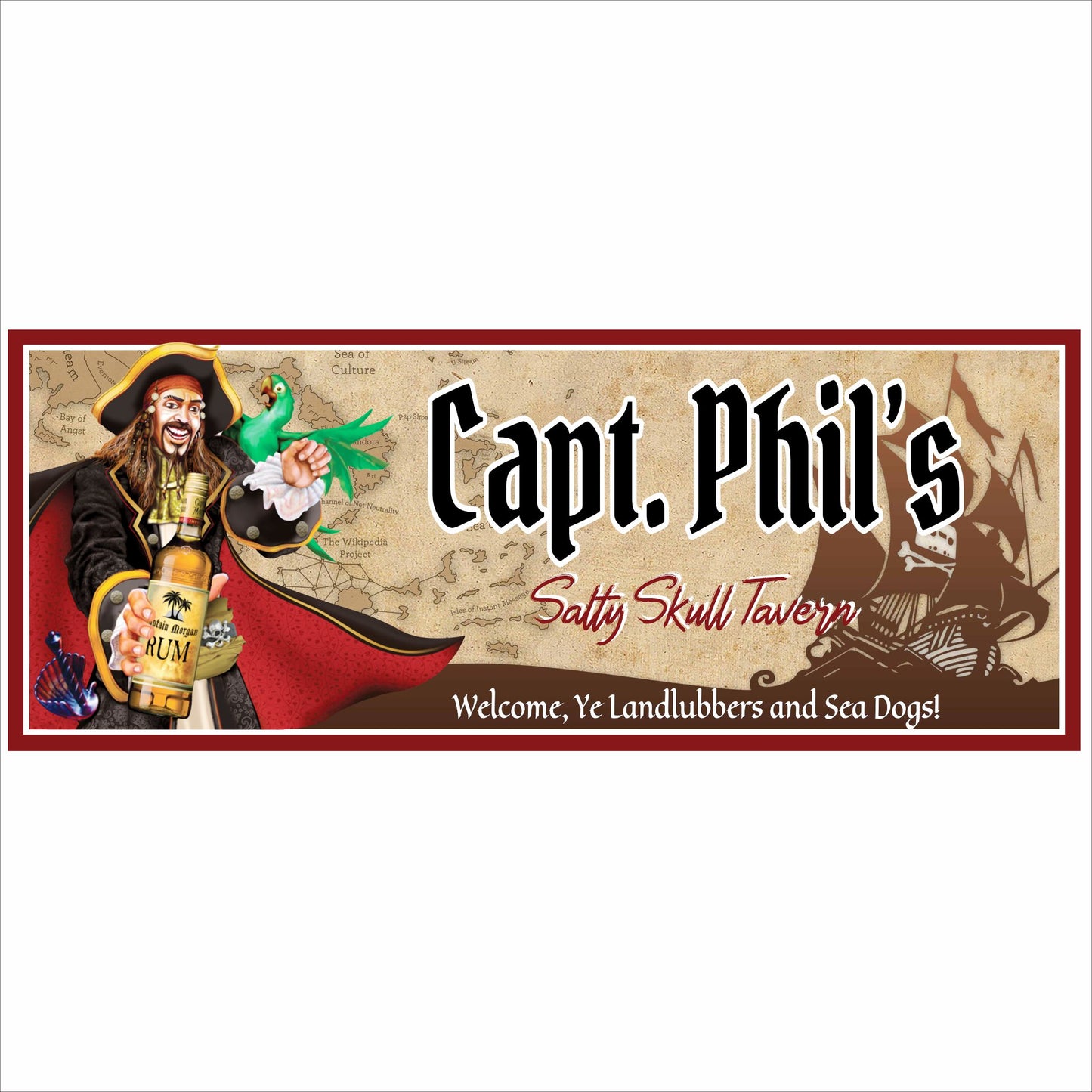 Personalized pirate bar sign with illustrated captain, skull ship, and customizable tavern name