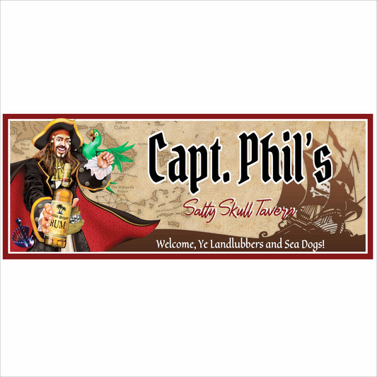Personalized pirate bar sign with illustrated captain, skull ship, and customizable tavern name