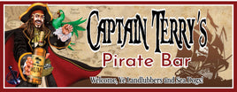 Custom bar sign for Captain Morgan featuring a vivid illustration of a green parrot perched on a rum barrel, with a dark silhouette of a pirate ship in the background. The sign includes decorative text personalized with the name 'Captain Morgan' styled to evoke a nautical theme. The overall color scheme highlights oceanic blues and greens, creating a lively and adventurous ambiance