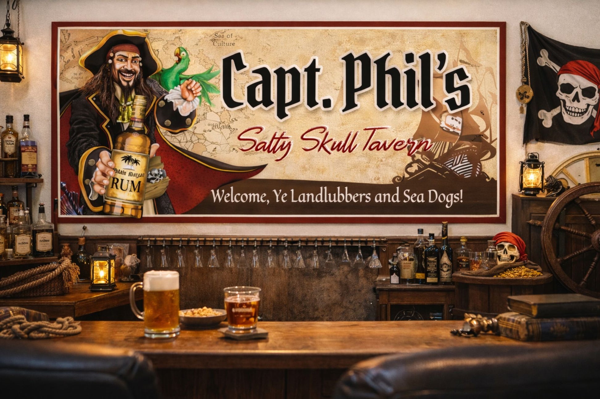 Custom pirate tavern sign mounted in a dimly lit home bar with wood shelves and drinks