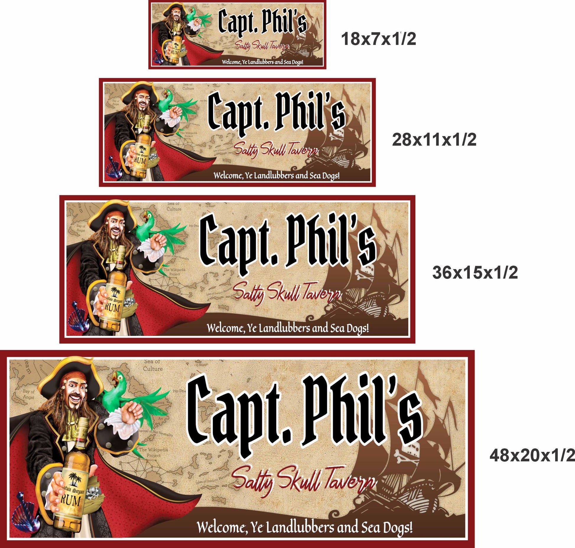 Pirate bar sign shown in 18x7, 28x11, 36x15, and 48x20 inch size options