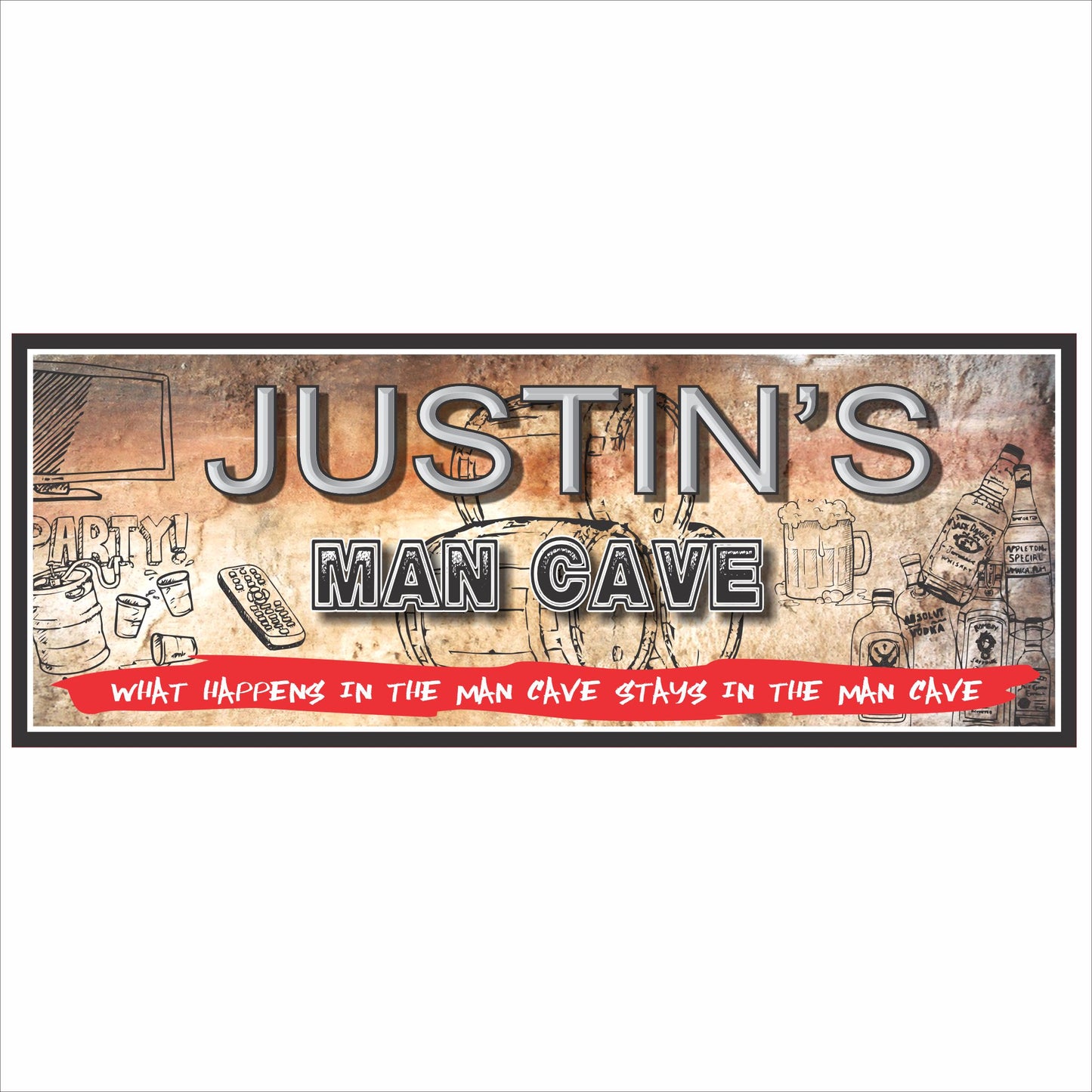 Personalized Man Cave sign with vintage bar theme, custom name text, and bold lettering on white background