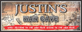 Personalized modern day hieroglyphics sign for a man cave, featuring an aged parchment background with a blend of ancient and contemporary symbols, customized with your chosen text.