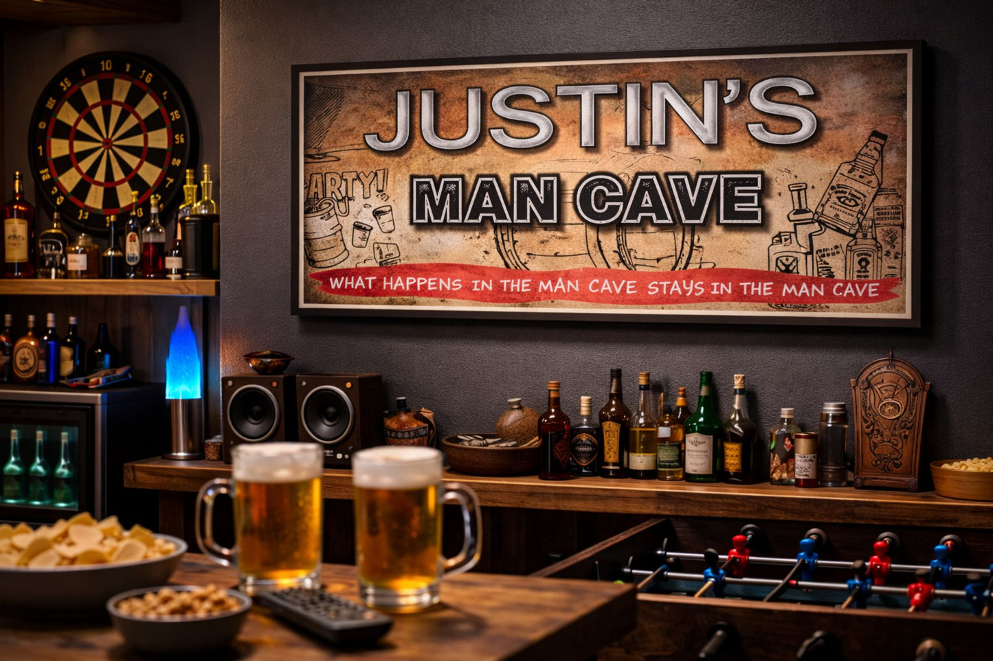 Man Cave sign mounted in a home bar with beer, games, and warm lighting