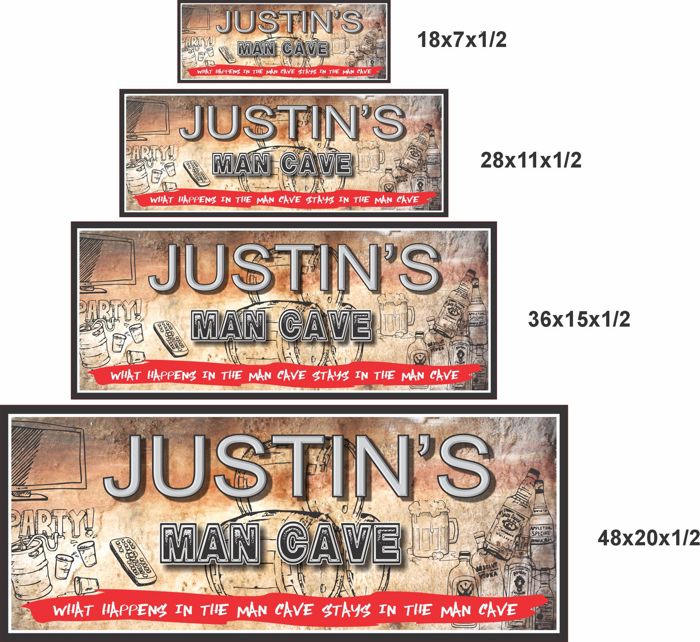 Man Cave sign size comparison showing 18x7, 28x11, 36x15, and 48x20 inch options