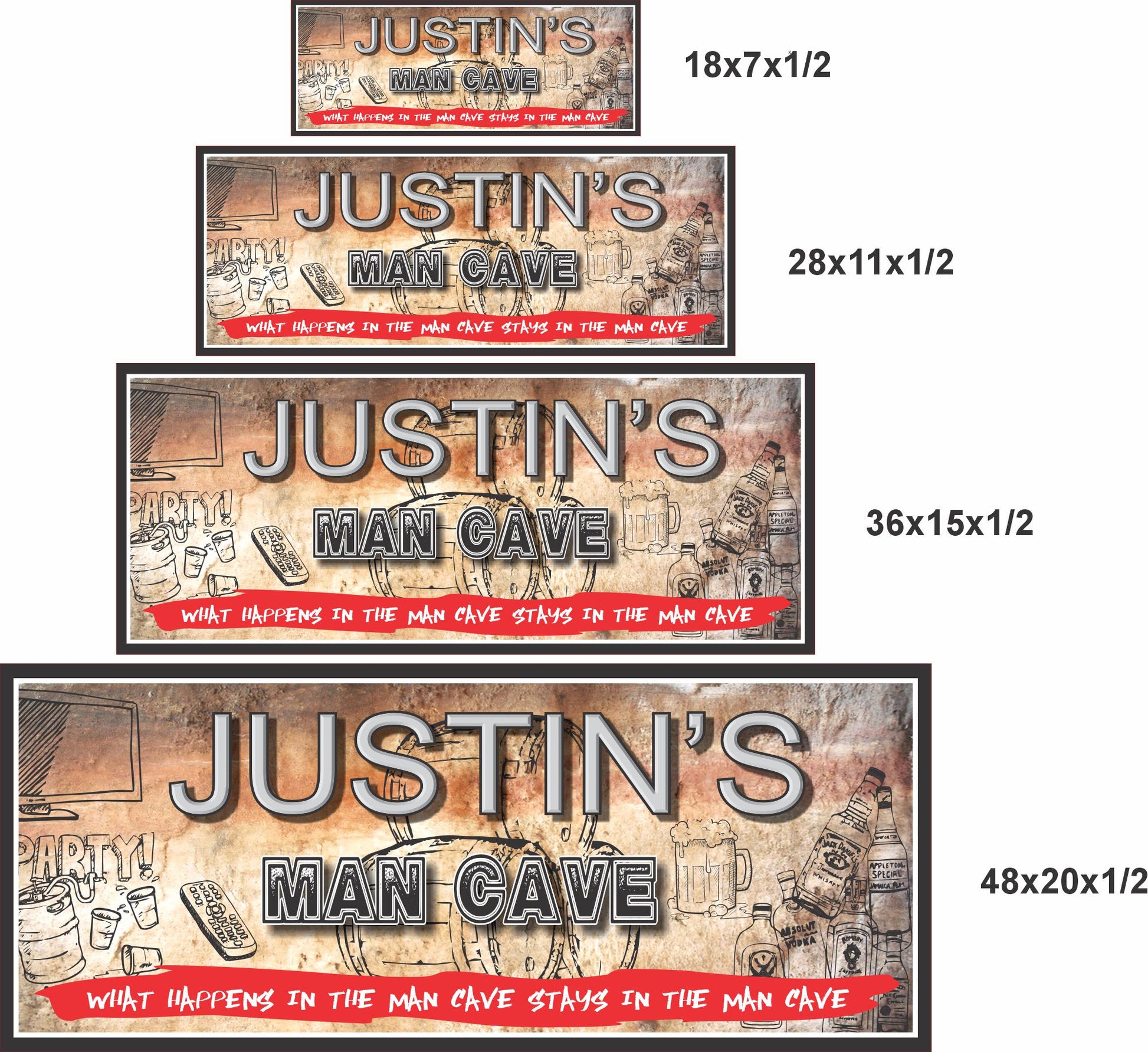 Man Cave sign size comparison showing 18x7, 28x11, 36x15, and 48x20 inch options