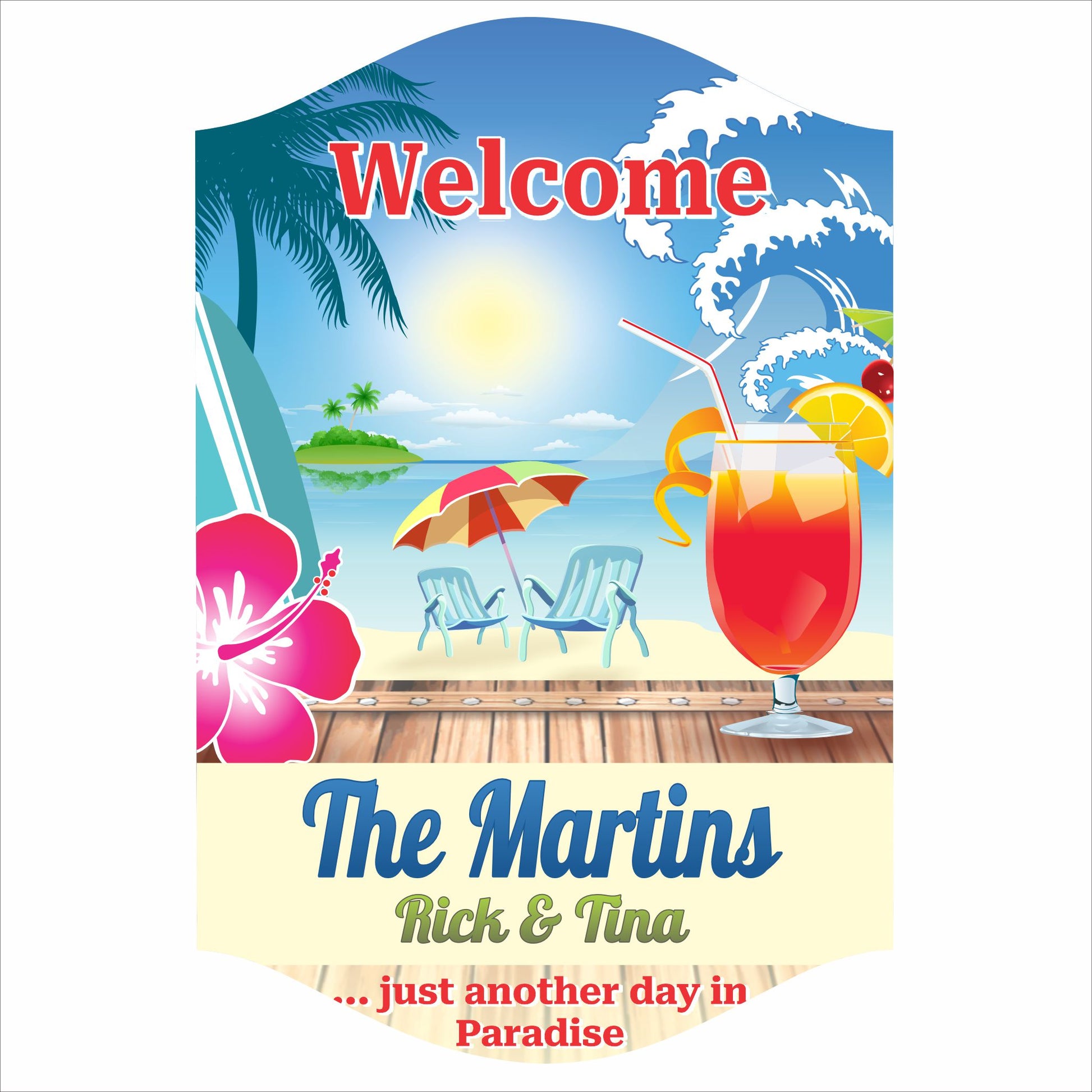 Personalized tropical welcome sign featuring a beach scene with palm trees, ocean waves, lounge chairs, and a tropical cocktail, custom family name and text displayed