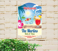 Personalized Tiki Bar welcome sign depicting a vibrant beach scene with a tropical cocktail in a coconut shell and a bright red hibiscus flower. The sign features playful, tropical-themed fonts and is designed to add a festive touch to any home bar or beach house decor