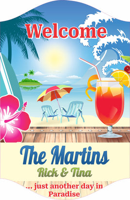 Personalized Tiki Bar welcome sign depicting a vibrant beach scene with a tropical cocktail in a coconut shell and a bright red hibiscus flower. The sign features playful, tropical-themed fonts and is designed to add a festive touch to any home bar or beach house decor