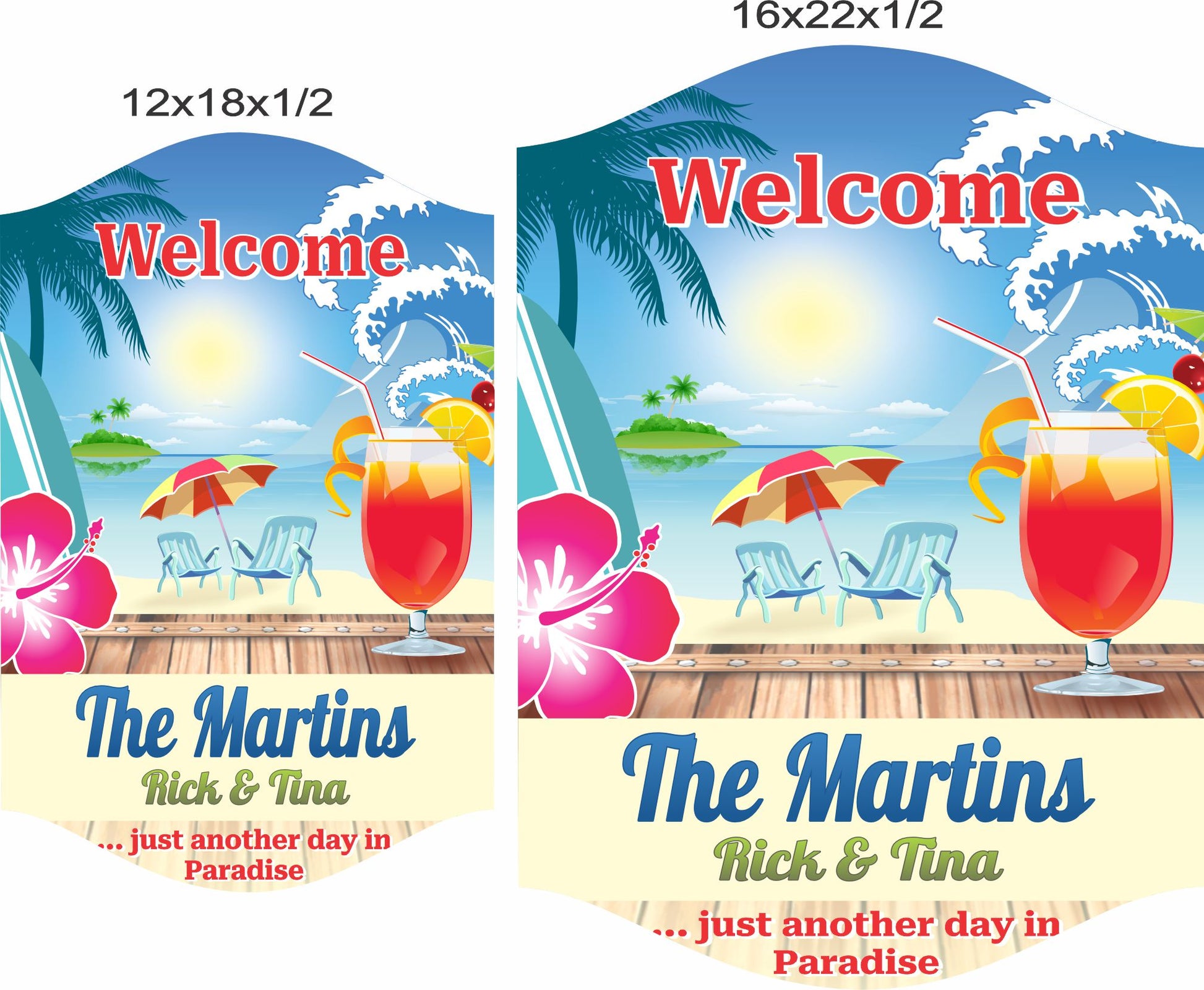 Personalized tropical welcome sign shown in 12x18 and 16x22 inch size options side by side