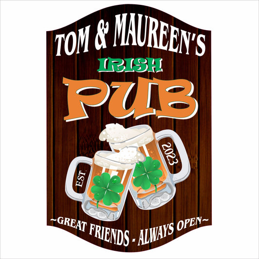 Personalized Irish pub sign with beer mugs and shamrocks on a rustic wood-style background, customized with a family name and text