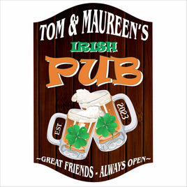 Personalized Irish pub sign with beer mugs and shamrocks on a rustic wood-style background, customized with a family name and text