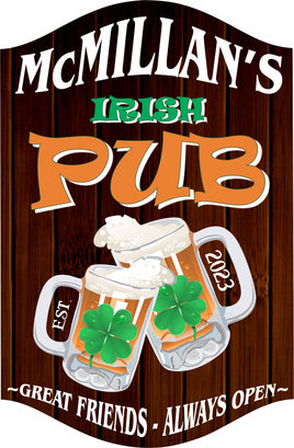 "Shamrock Tavern" Personalized Irish Pub Bar Sign with Beer Mugs & Simulated Wood Background