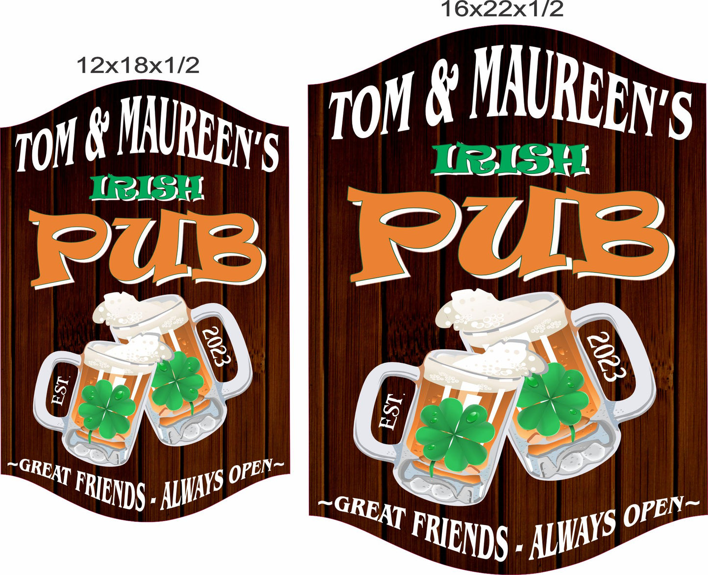 Two size options shown for the Irish pub sign, including 12x18 and 16x22 inches.