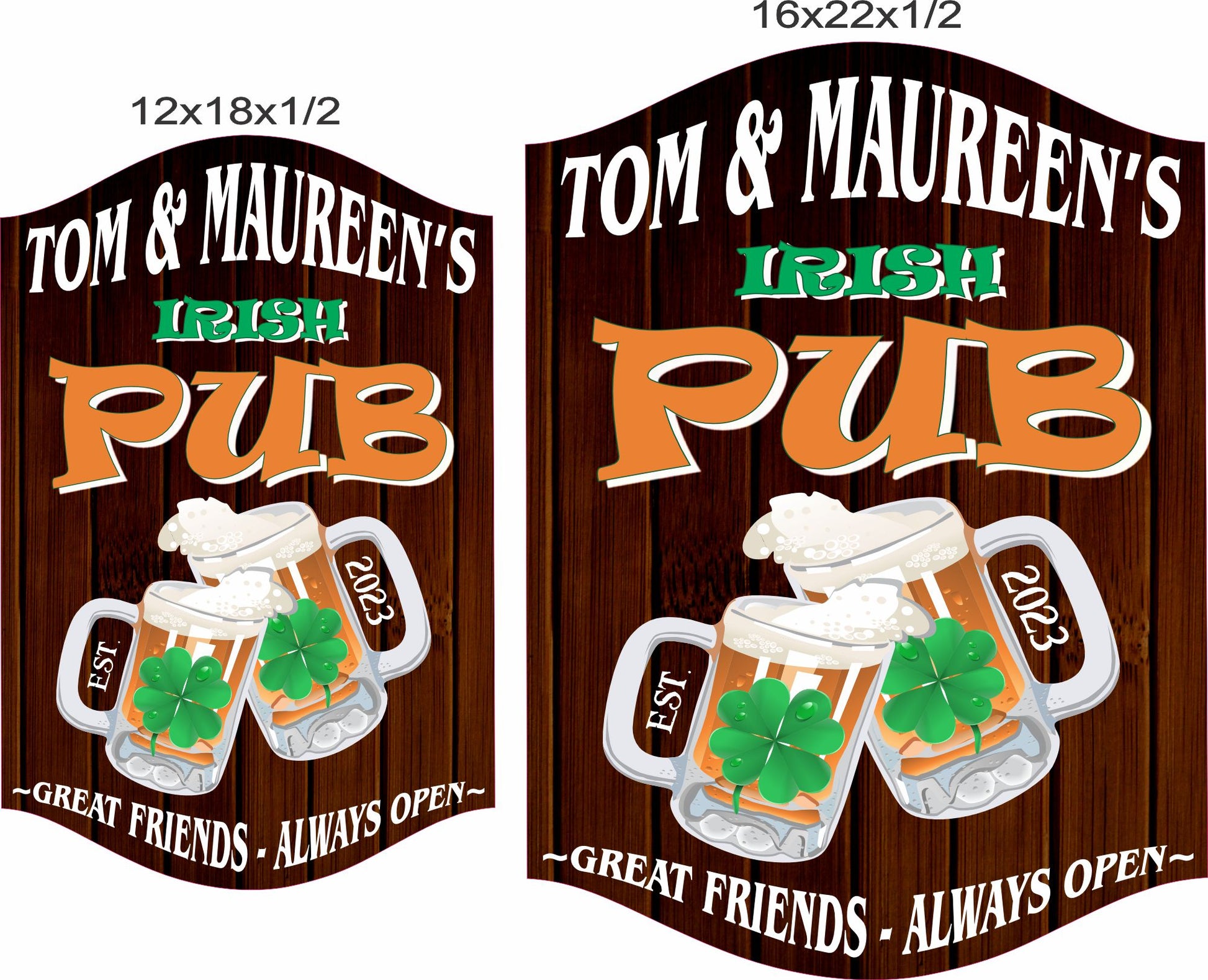 Two size options shown for the Irish pub sign, including 12x18 and 16x22 inches.