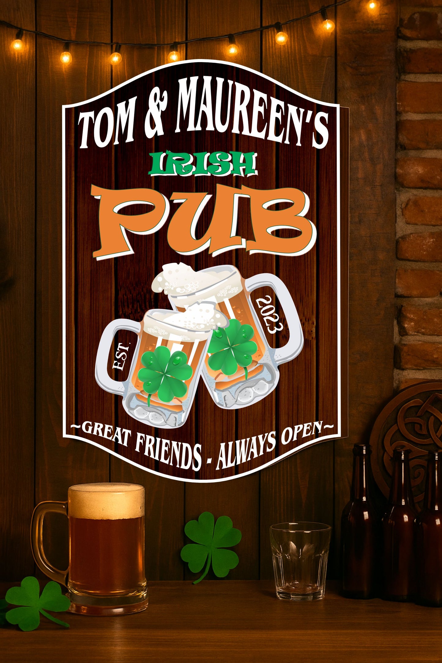 Irish pub wall sign displayed in a cozy bar setting with beer mugs, green accents, and warm lighting for a festive atmosphere.