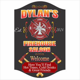 Personalized firehouse saloon sign with firefighter emblem and bold lettering