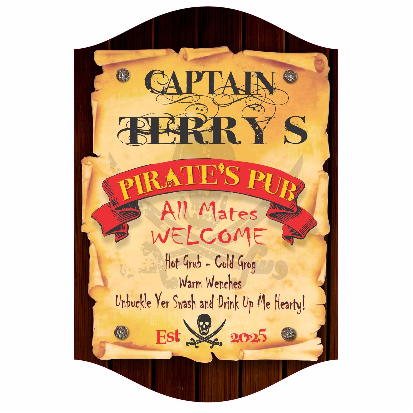 Personalized pirate pub sign with parchment scroll design and skull artwork