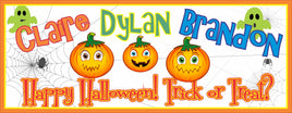 Customizable Halloween sign with pumpkins, ghosts, and a spider web design, ideal for home decoration and festive celebrations