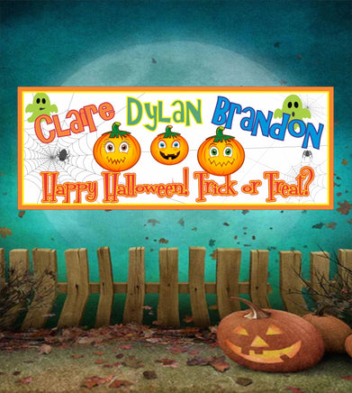 Customizable Halloween sign with pumpkins, ghosts, and a spider web design, ideal for home decoration and festive celebrations