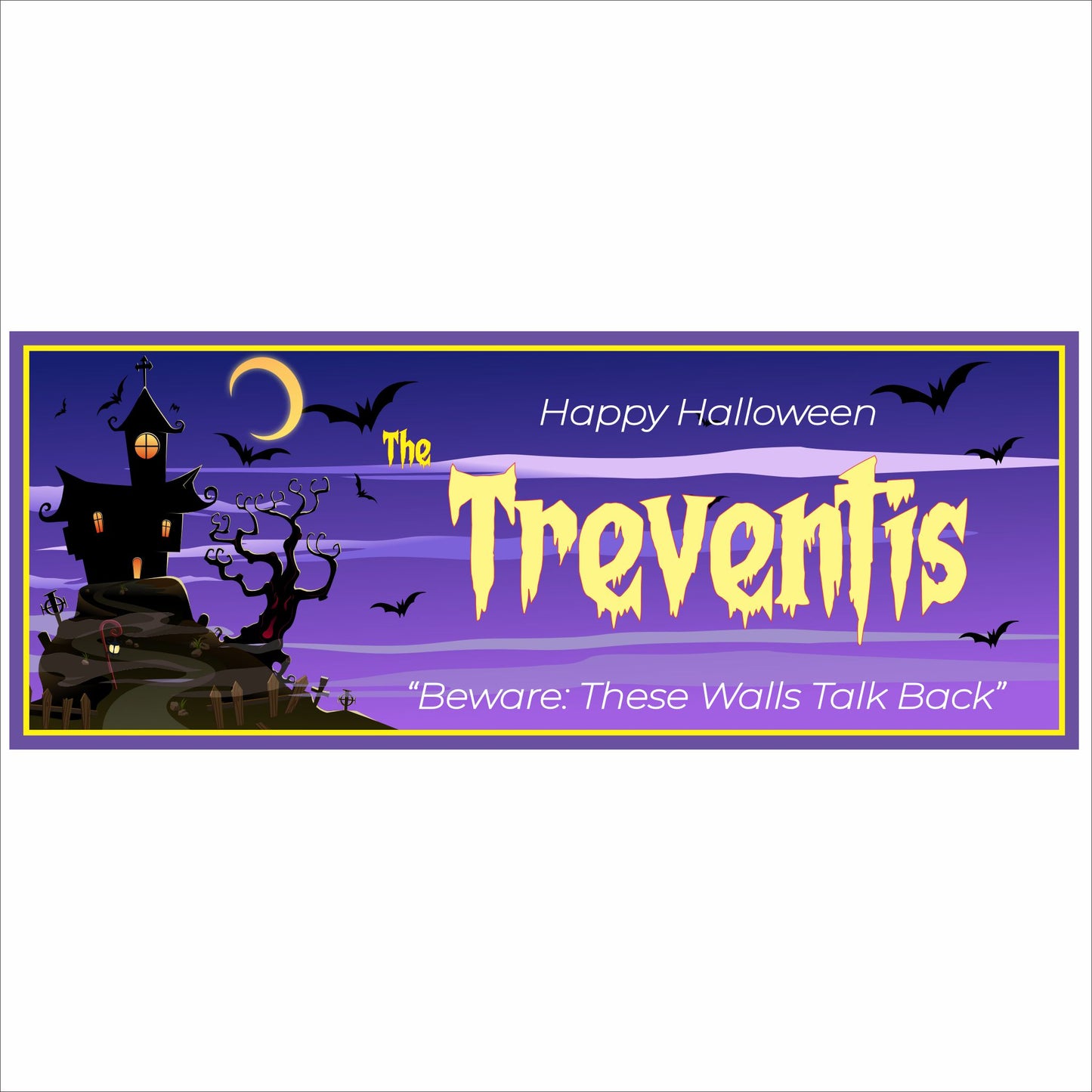 Personalized Halloween sign with haunted house, bats, moon, and customizable family name