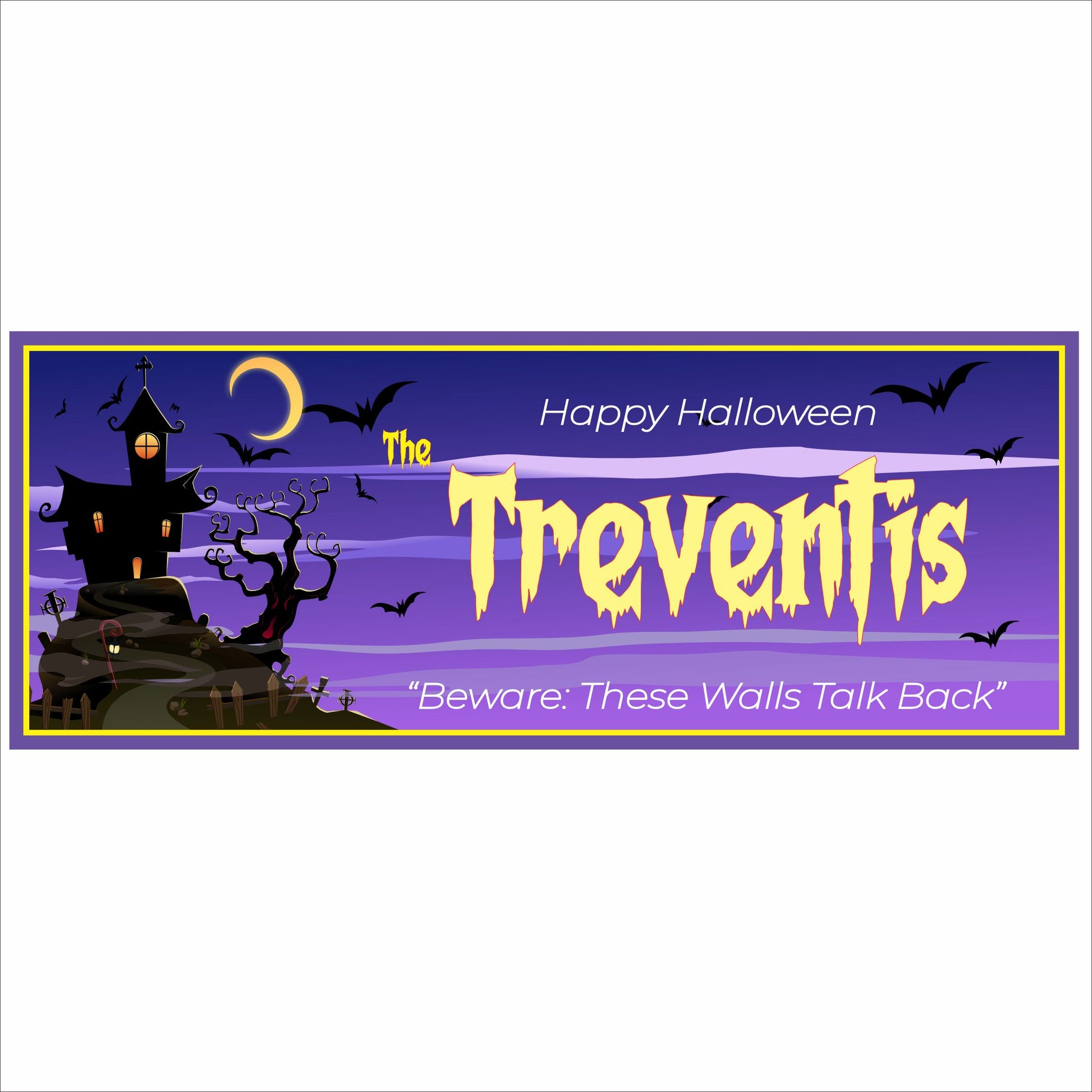 Personalized Halloween sign with haunted house, bats, moon, and customizable family name