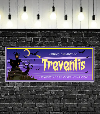 Personalized Halloween sign featuring a haunted house, bats, and a dark purple sky, ideal for spooky seasonal decor