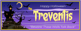 Personalized Halloween sign featuring a haunted house, bats, and a dark purple sky, ideal for spooky seasonal decor