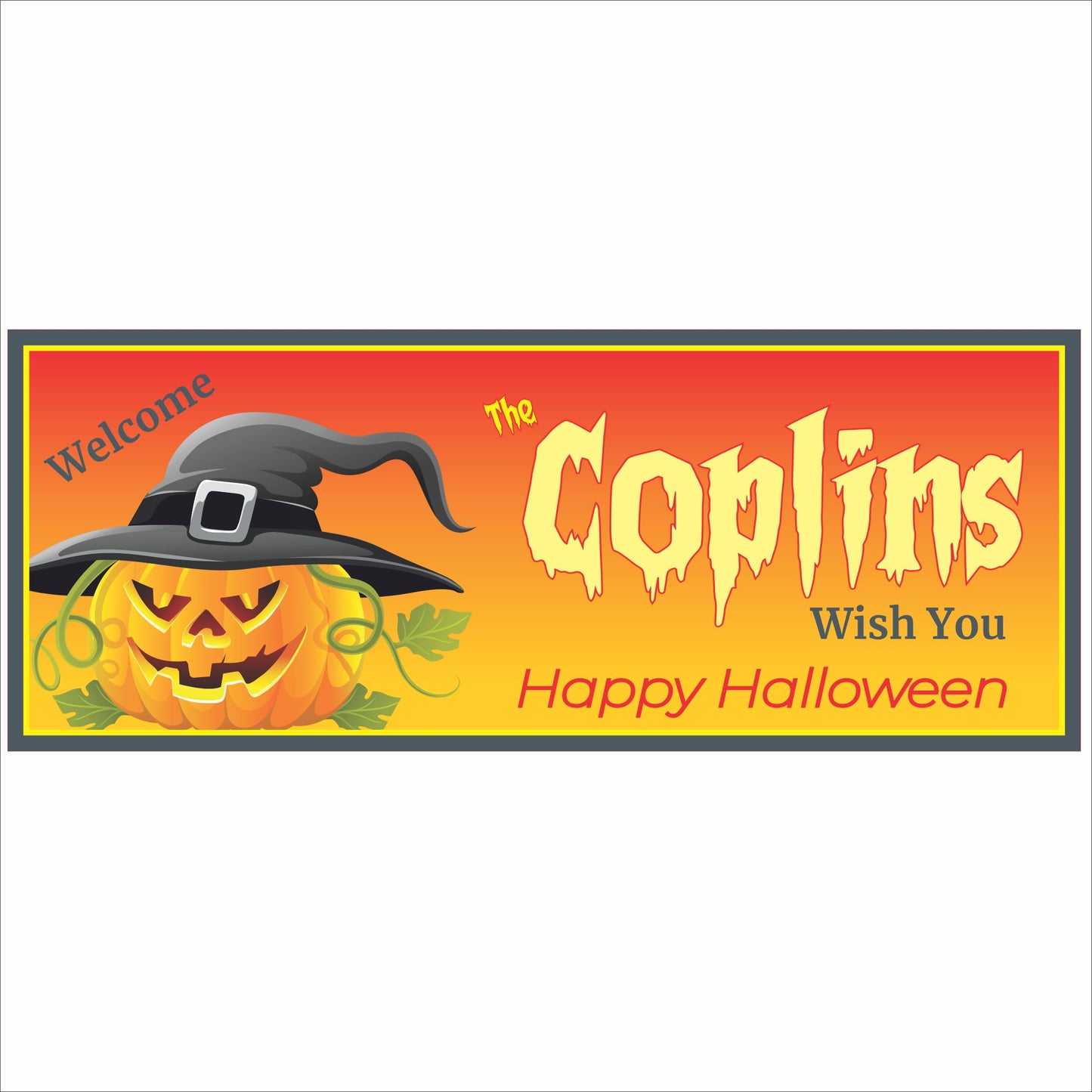 Personalized Halloween pumpkin sign with witch hat, smiling jack-o-lantern, and customizable family name