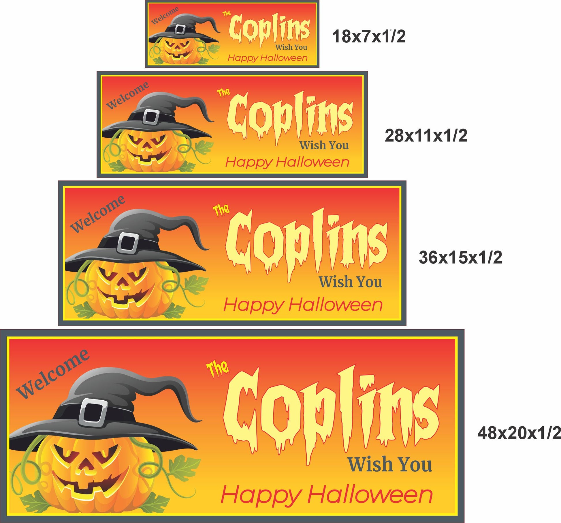 Halloween pumpkin sign shown in 18x7, 28x11, 36x15, and 48x20 inch size options