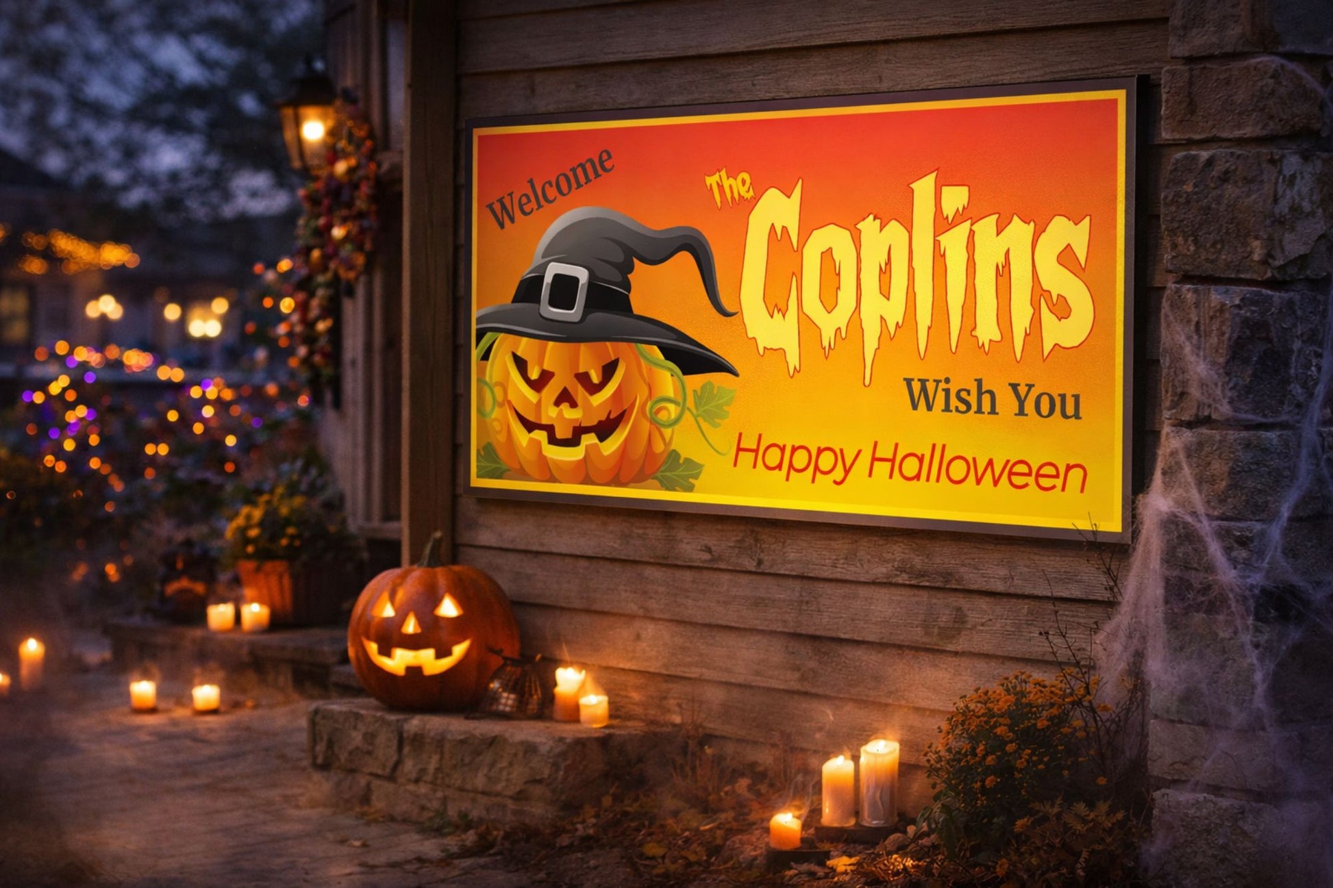 Large personalized Halloween pumpkin sign mounted on an exterior wall with glowing candles and fall décor
