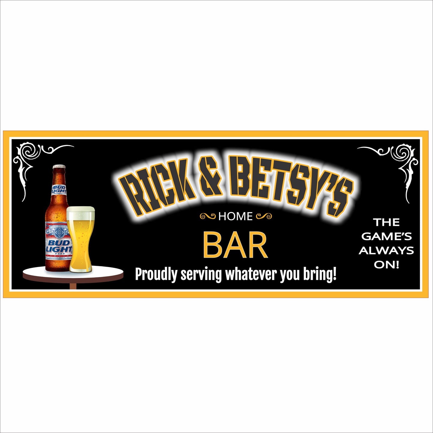 Personalized home bar sign with beer bottle and glass, bold lettering, and customizable bar name