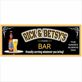 Personalized home bar sign with beer bottle and glass, bold lettering, and customizable bar name