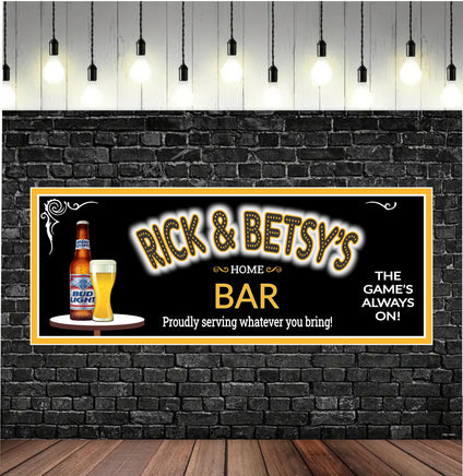 Personalized black home bar sign featuring beer icon, faux neon lights, tribal flourishes, and sports team colors, ideal for adding a unique touch to bar decor.