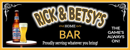 Personalized black home bar sign featuring beer icon, faux neon lights, tribal flourishes, and sports team colors, ideal for adding a unique touch to bar decor.