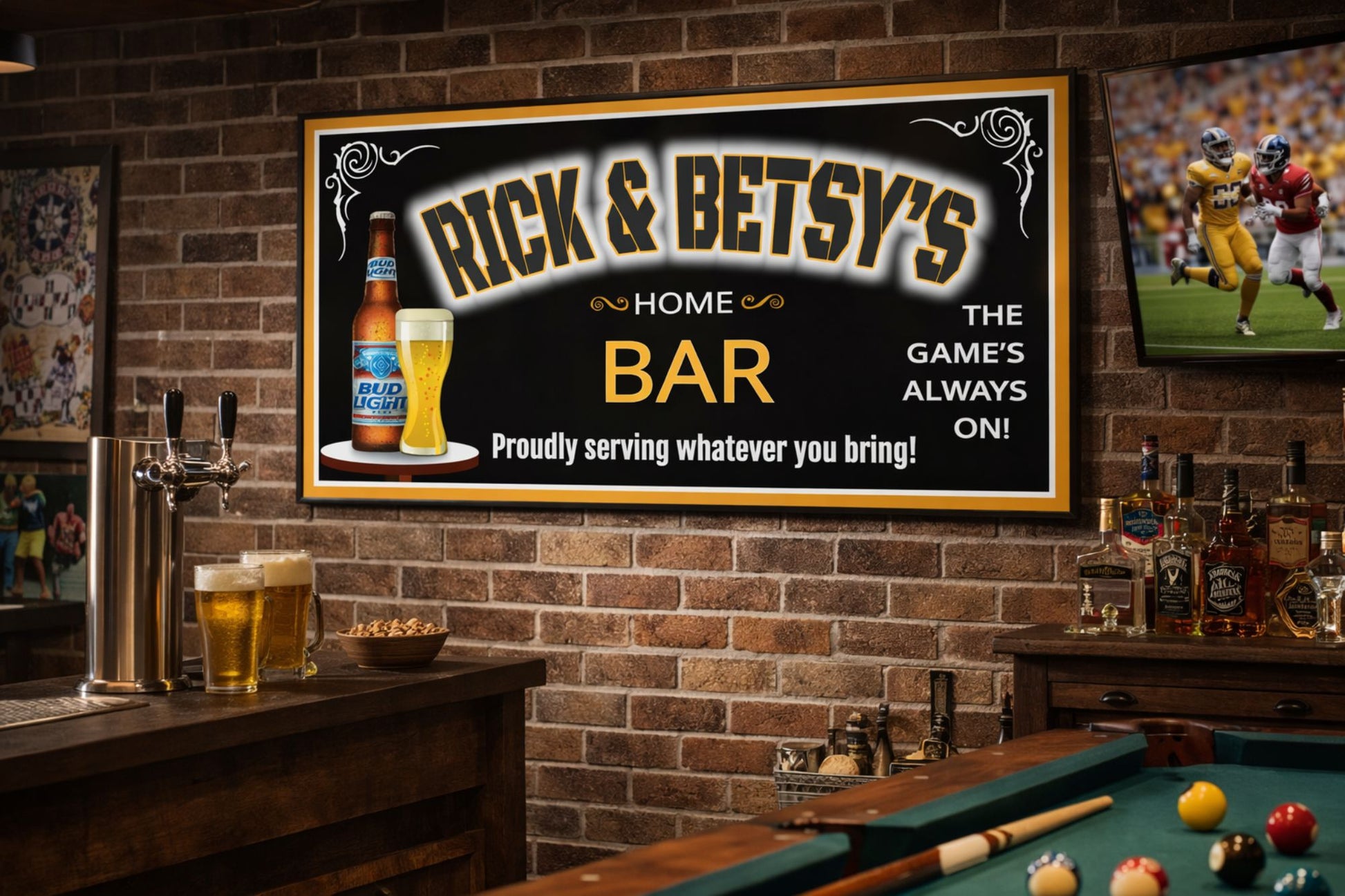 Large personalized bar sign mounted on a wall in a home bar or game room