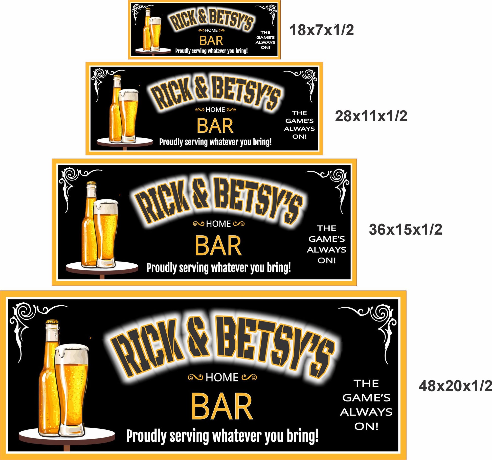 Home bar sign shown in 18x7, 28x11, 36x15, and 48x20 inch size options