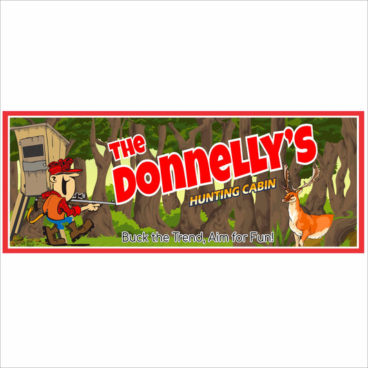 Personalized hunting cabin sign with custom family name, deer, and woodland scene in a rustic rectangular design