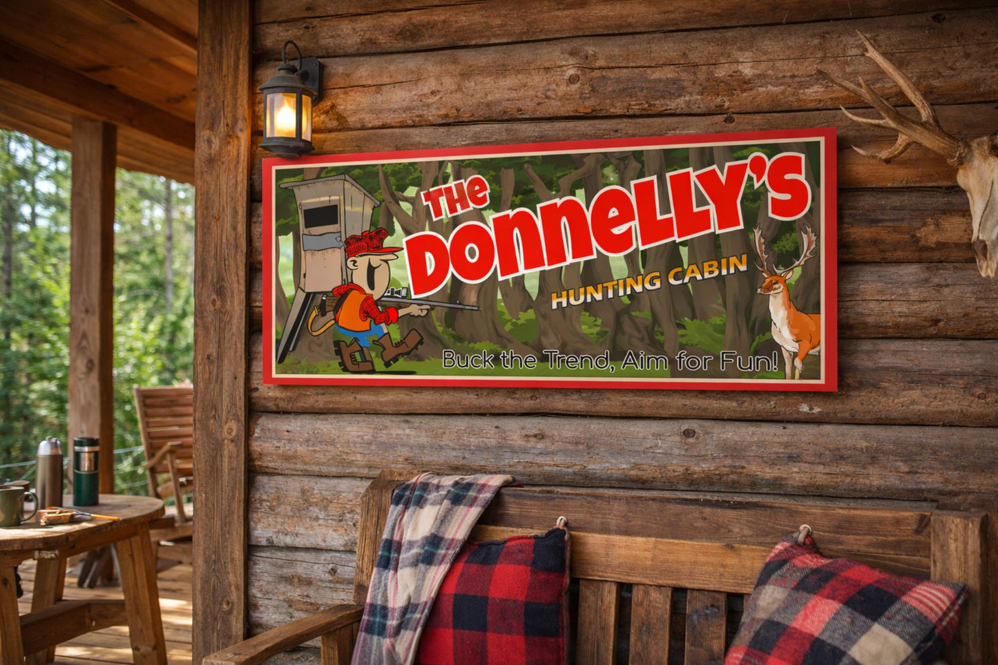 Custom hunting cabin sign mounted on a log cabin wall with rustic furniture and outdoor décor