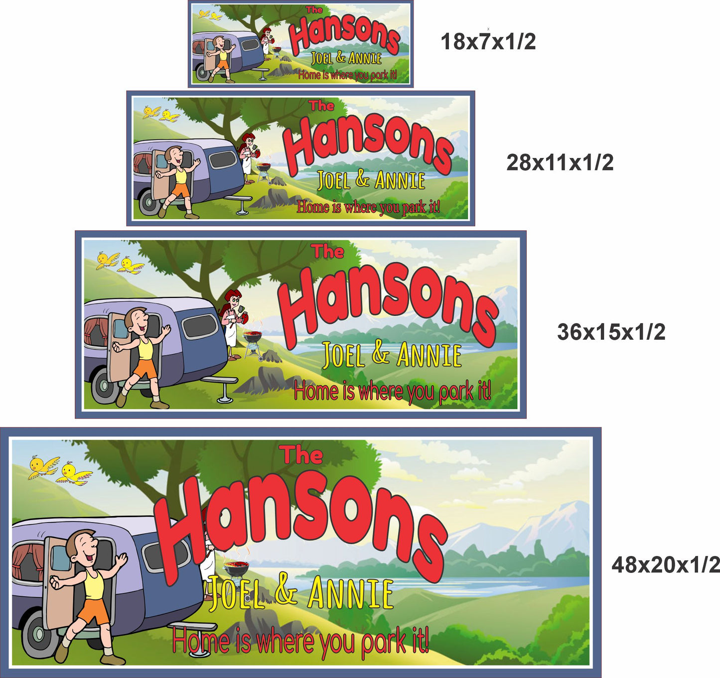 Personalized RV campsite sign shown in 18x7, 28x11, 36x15, and 48x20 inch sizes