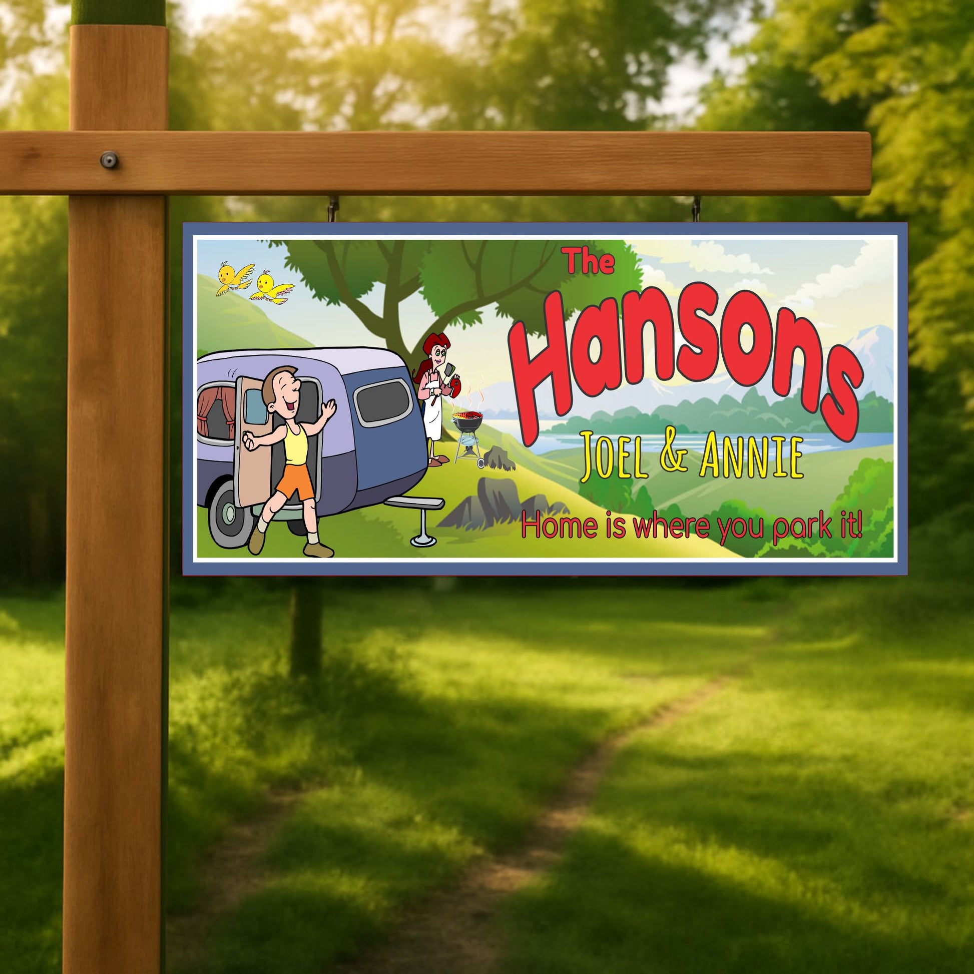 Custom RV camping sign mounted on a wooden post at a grassy campsite