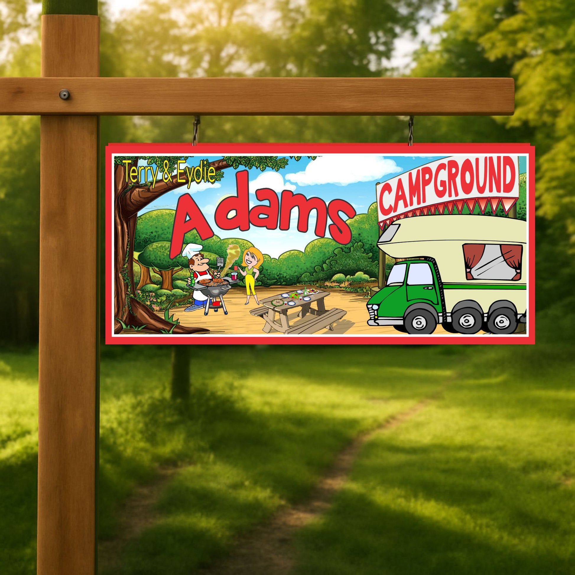 Custom campground family sign mounted on a wooden post along a forest campsite path